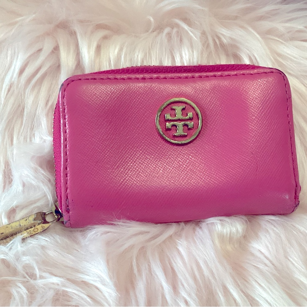 Tory Burch small pink leather zip around wallet keychain